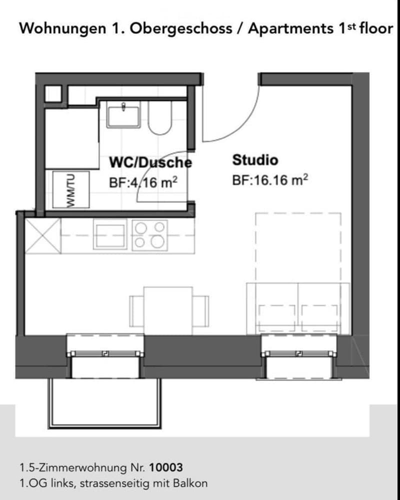 Floor plan of a 1st-floor apartment with a studio, WC/shower, and balcony.