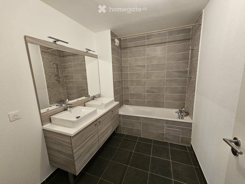 Modern bathroom with two sinks, a bathtub, and a large mirror above the vanity.