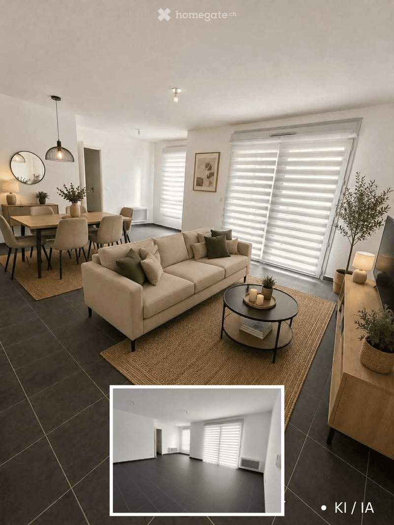 Modern living and dining area with a beige sofa, coffee table, dining table with chairs, and decorative elements like a mirror and potted plants.