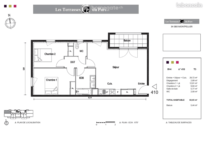 Floor plan of a 3-room apartment (T3) with a living room, kitchen, two bedrooms, bathroom, and balcony.