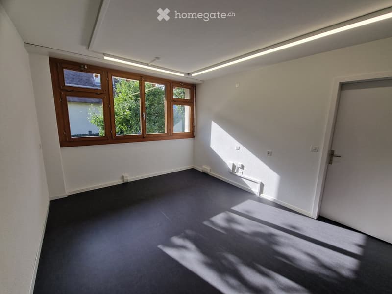 Empty room with white walls, dark grey carpet, large windows with wooden frames, and a closed door.
