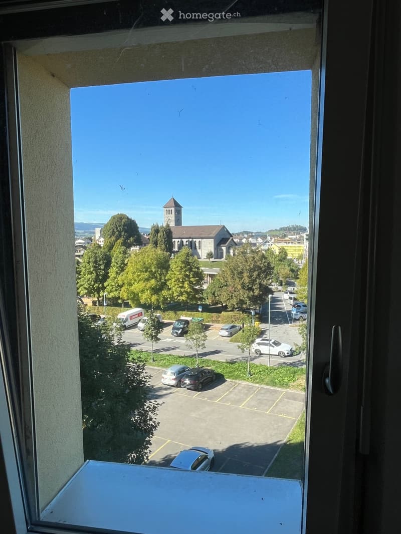 View from a window showing a parking lot with several cars, a grassy area, trees, and a distant church with a tall tower.