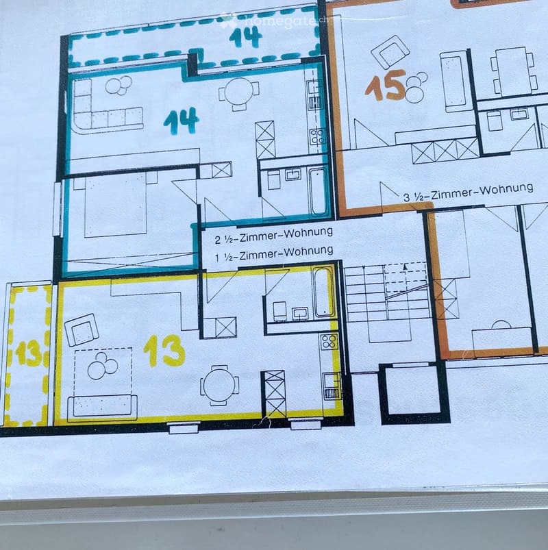Floor plan showing multiple residential units including a 1 1/2-room apartment, a 2 1/2-room apartment, and a 3 1/2-room apartment, with labeled areas and room numbers.