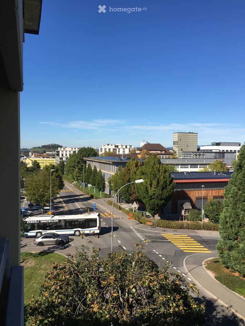 View from a balcony showing a street with cars, a bus, and modern buildings in the background, surrounded by trees and greenery.
