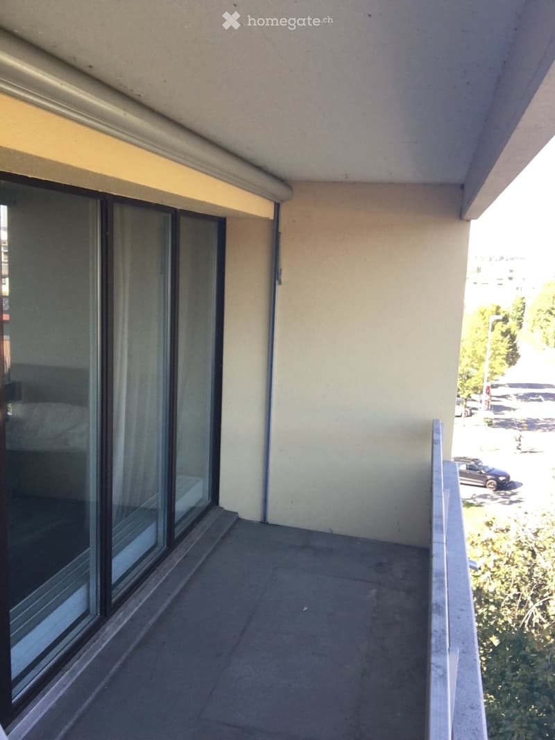 Balcony with concrete floor, large glass sliding doors, and a view of the street and parked cars.