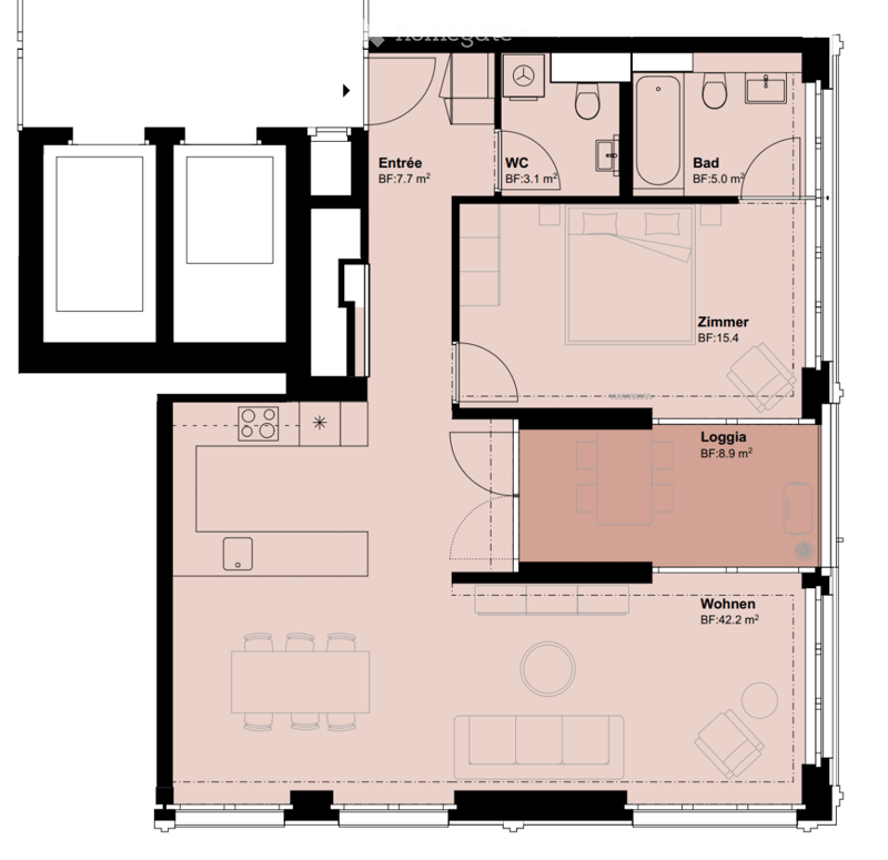 Floor plan of a 2-room apartment with a living area, bedroom, bathroom, and loggia.