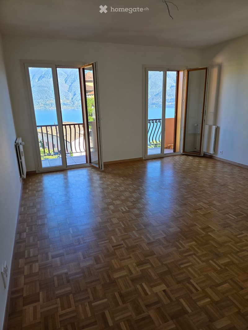 Empty room with wooden parquet flooring, large windows offering a scenic view of a lake and mountains, and access to a balcony.
