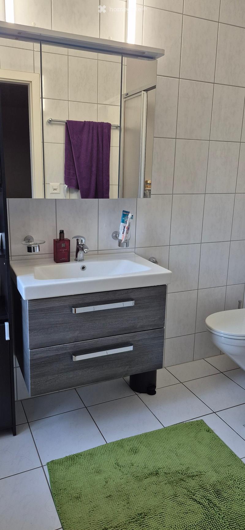 Modern bathroom with a white sink, chrome faucet, mirrored cabinet, and a purple towel. Includes a green bath mat and a toilet.