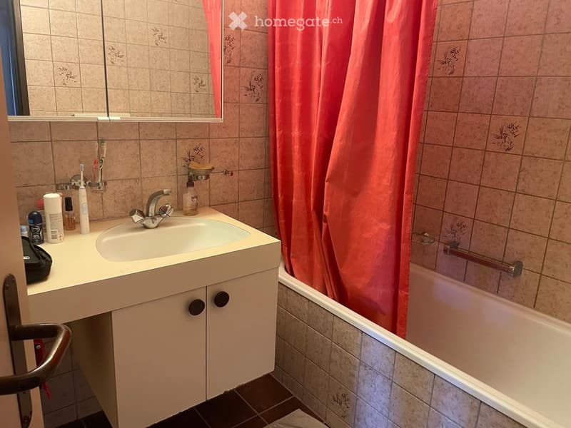 Bathroom with a sink, faucet, toothbrush, toothpaste, bottle, mirror, bathtub, and a pink curtain.