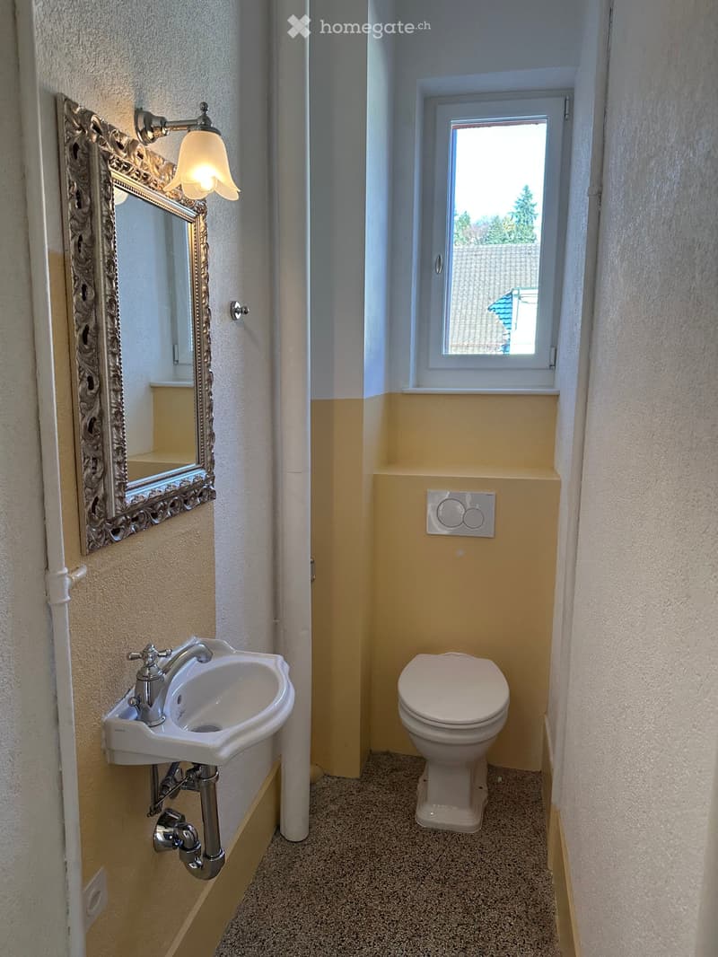 Bathroom with toilet, sink, mirror, and a small window