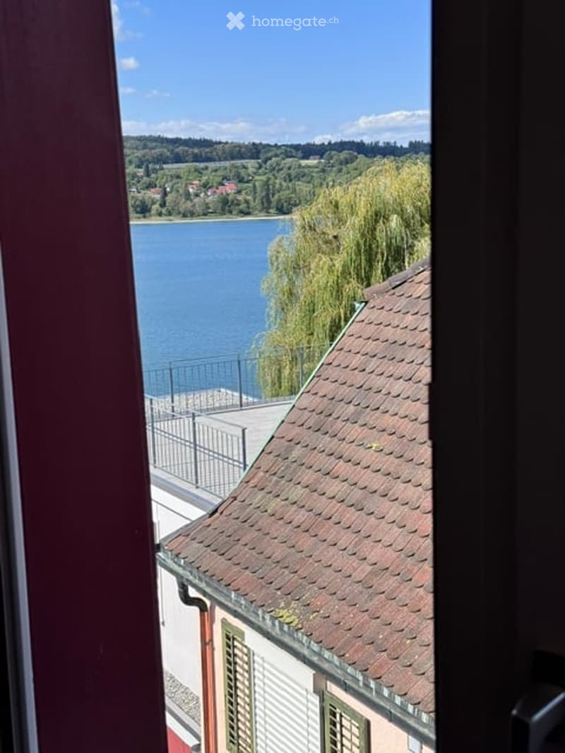 View from a balcony overlooking a lake with surrounding greenery and hills.