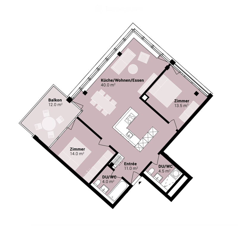 Floor plan of a 2-room apartment with a combined kitchen/living/dining area, two bedrooms, two bathrooms, and a balcony.