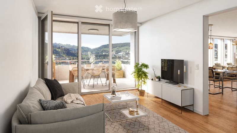 Modern living room with large windows offering a scenic view, featuring a grey sofa, coffee table, TV, sideboard, dining area with chairs and table, and decorative plants.