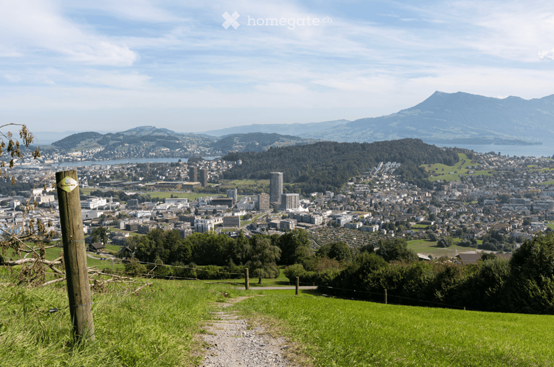 Panoramic view of a cityscape with buildings, trees, and distant mountains under a clear sky.