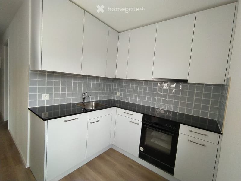 Modern kitchen with white cabinets, black countertops, stainless steel sink, black integrated oven, and tiled backsplash.