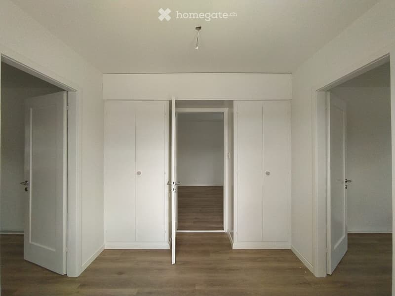 Empty room with white walls, wooden floor, four white doors, and built-in white cabinets with two open doors in the middle.