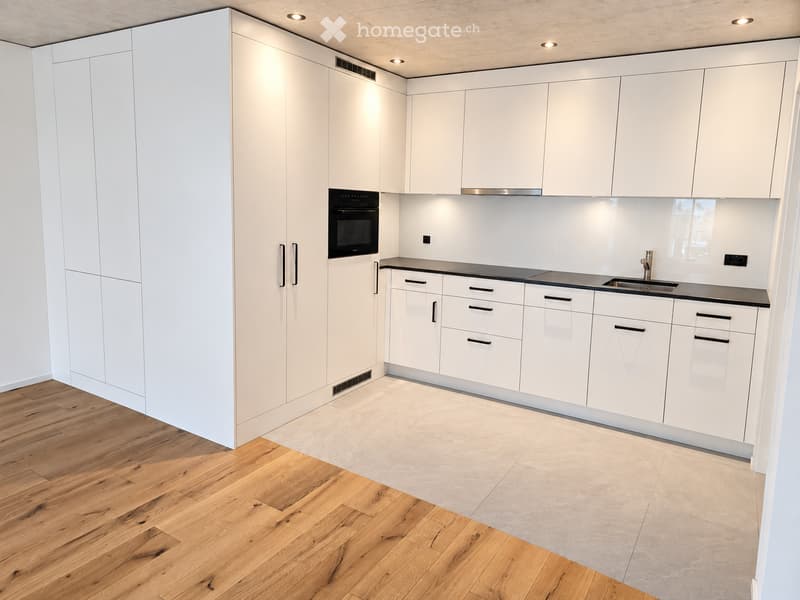 Modern kitchen with white cabinets, wooden flooring, and built-in appliances including an oven and sink.
