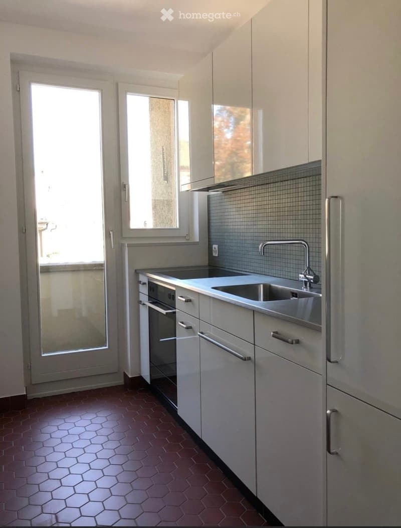 Modern kitchen with white cabinets, stainless steel sink, and a window overlooking a balcony.