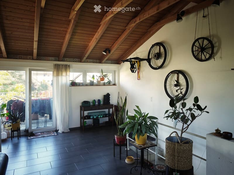 Bright living room with wooden ceiling beams, large windows, and modern decor including plants, a small table, and decorative wheels on the wall.