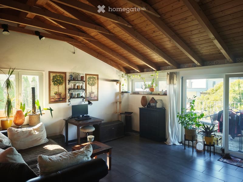Bright living room with wooden slanted ceiling, dark tiled floor, large windows, and a balcony access. Features a sofa, coffee table, desk with computer, and various decorative items including potted plants and artwork.