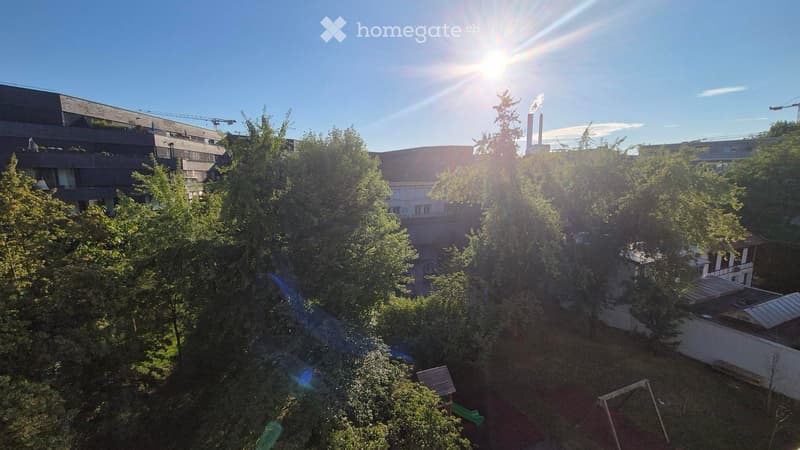 A sunny outdoor view shows a mix of trees, a playground with a swing and slide, and several buildings in the background, including a multi-story structure and a smaller house.
