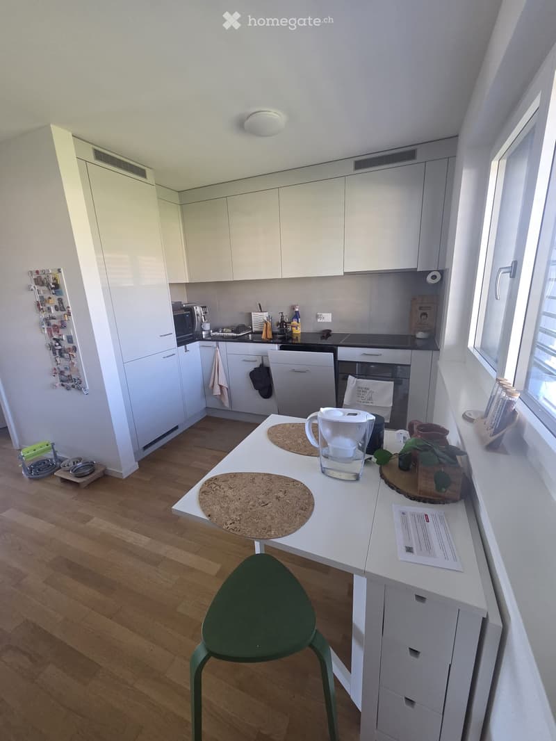 Modern kitchen with white cabinets, wooden floor, and various appliances including a dishwasher, oven, and microwave. A white table with a green stool, water filter, cork coaster, and a small plant is visible.