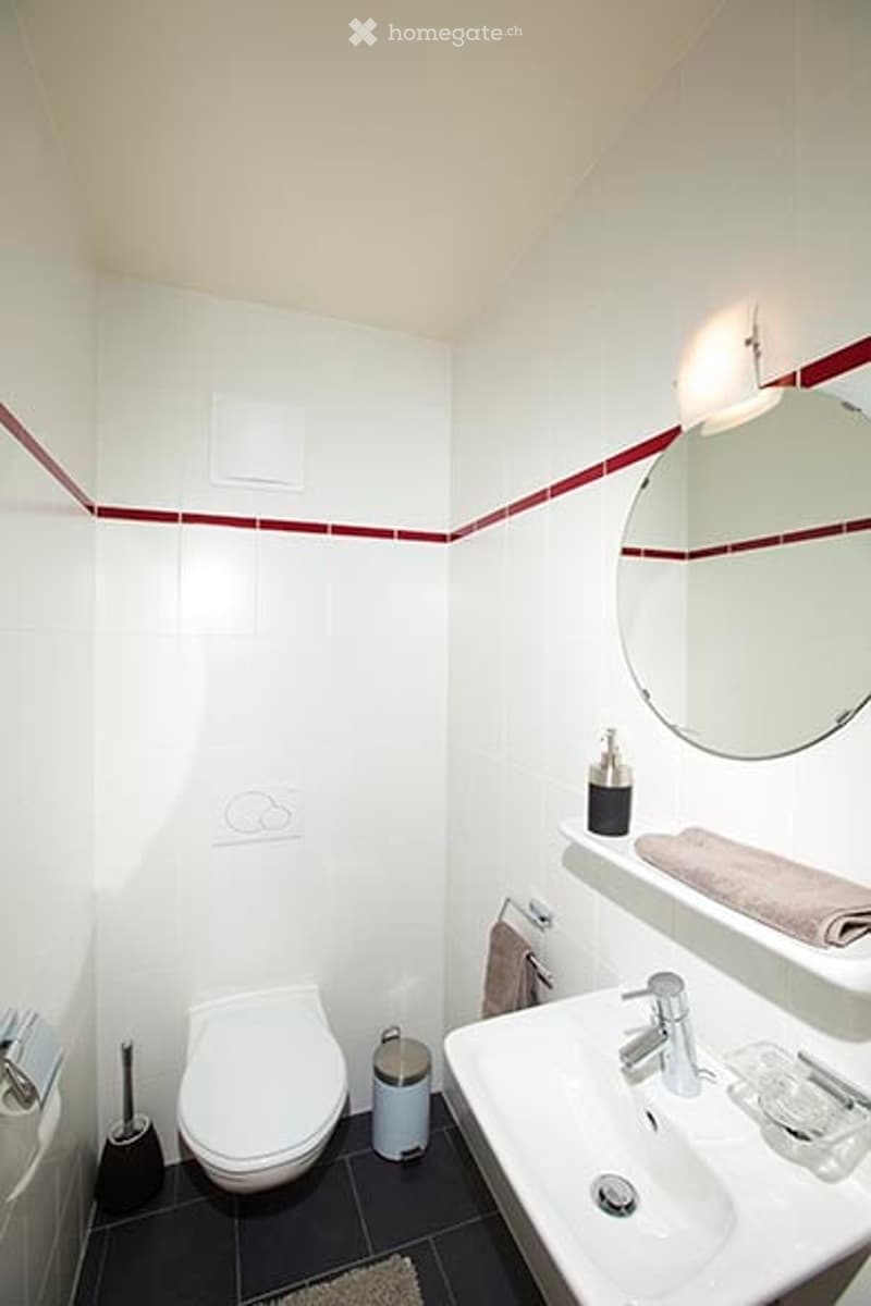 Modern bathroom with white tiles, a toilet, sink, mirror, and towel. Features a red accent border on the wall and a small trash can near the toilet.