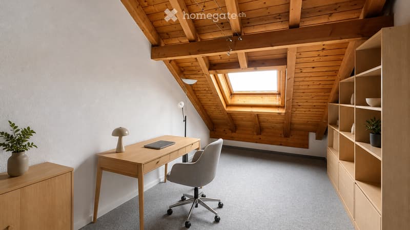 A modern, well-lit room with exposed wooden beams, a skylight window, a wooden desk, a chair, a laptop, a lamp, a shelf with plants, and a small cabinet.
