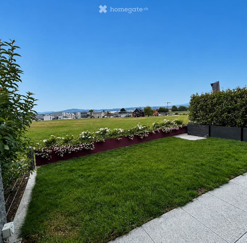 Well-maintained garden with neatly trimmed grass, a low border of white flowers, and a modern concrete pathway. The background shows a clear blue sky and distant buildings.