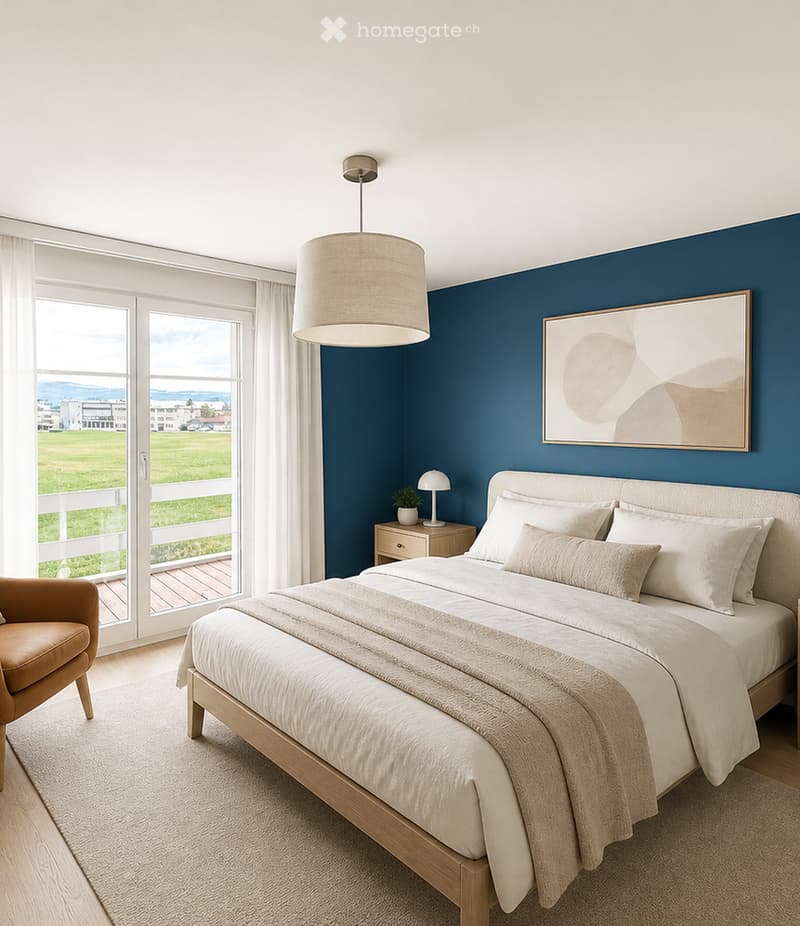 Modern bedroom with a large bed, nightstand, armchair, pendant light, and a view of a green field through large windows.
