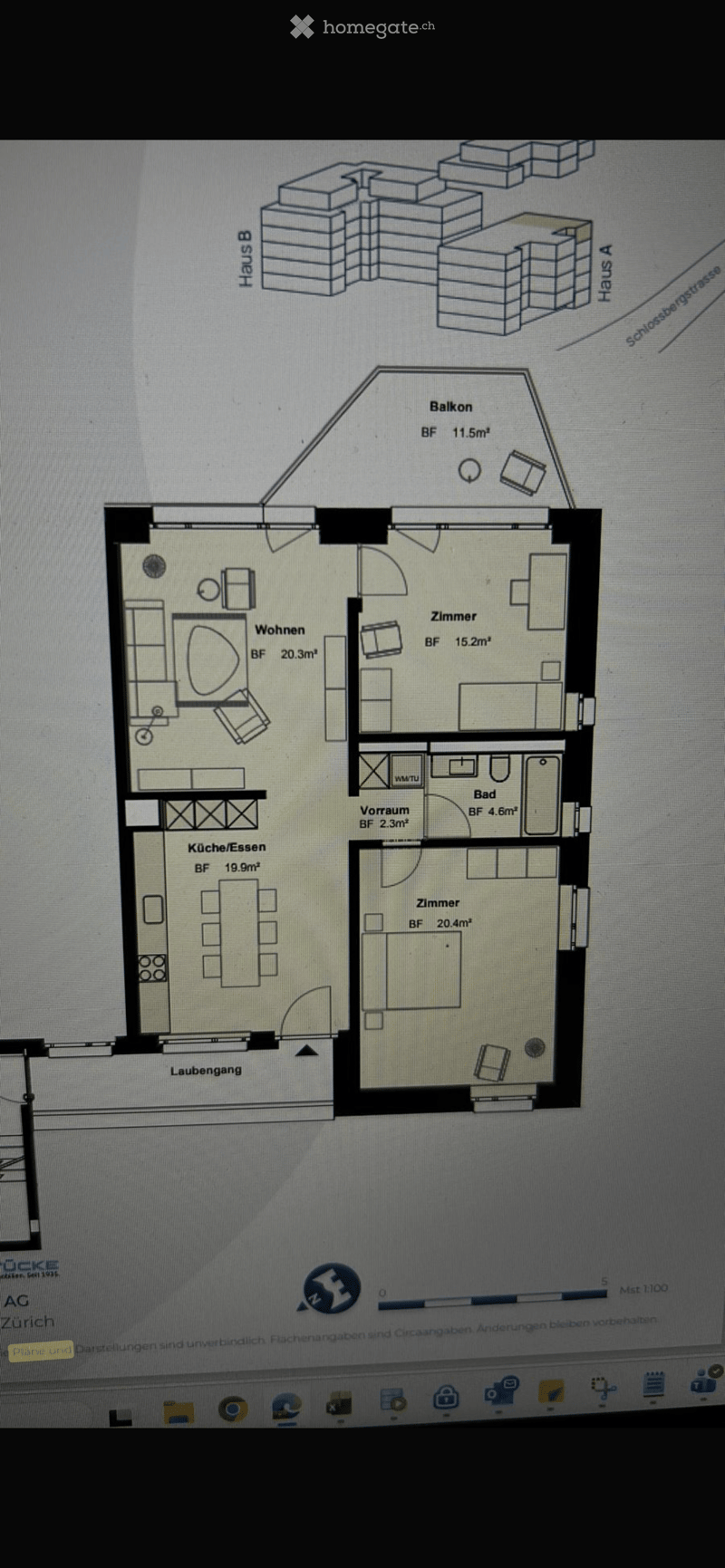 Floor plan showing a residential unit with a living area, kitchen, two bedrooms, bathroom, hallway, and balcony.