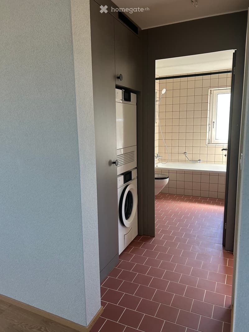 Bathroom with a washing machine, toilet, bathtub, and shower. The floor is tiled in a reddish-brown color, and the walls are tiled in a light beige color.