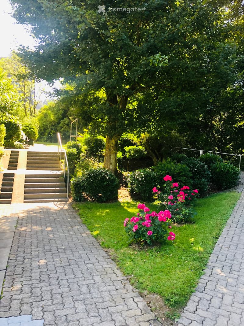 Garden pathway with brick steps, lush greenery, and pink flowers lining the path.
