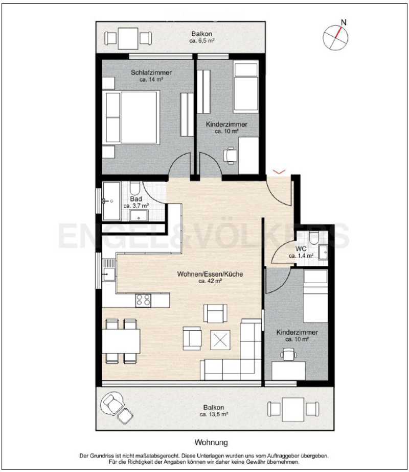 Floor plan of a 42 m² apartment with living/dining/kitchen area, two bedrooms, bathroom, WC, and two balconies.
