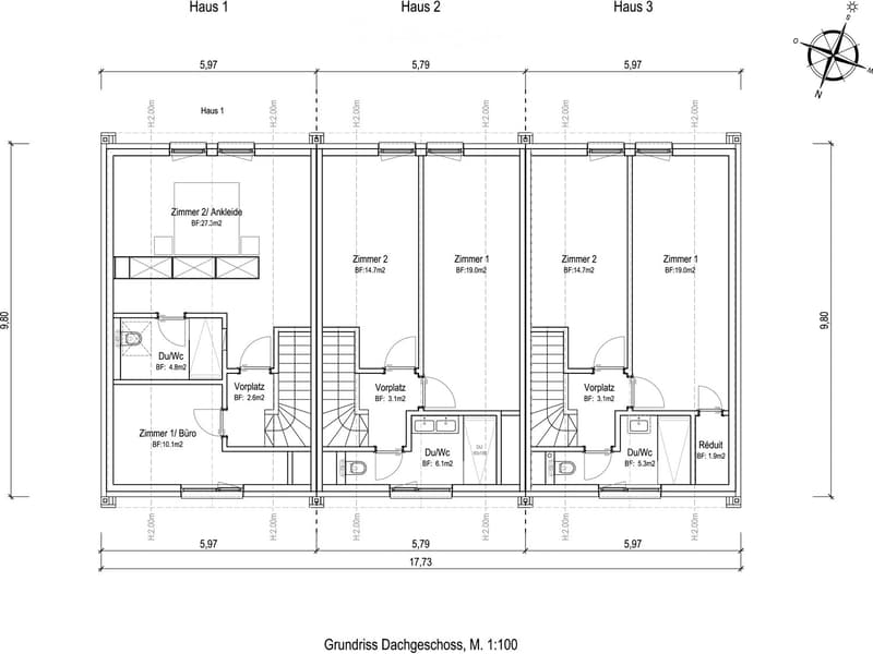 Floor plan of a roof level showing three houses (Haus 1, Haus 2, Haus 3) with labeled rooms including bedrooms, bathrooms, and a small office.