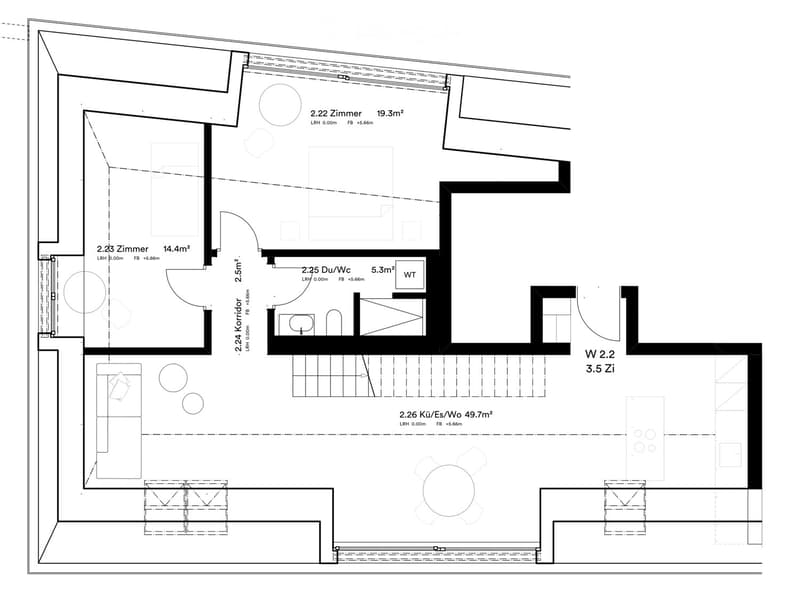Floor plan showing a layout with multiple rooms including bedrooms, a kitchen, a bathroom, and a corridor.