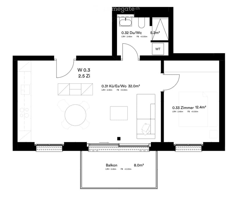 Floor plan showing a kitchen, living room, bedroom, bathroom, and balcony. Includes measurements and room labels.