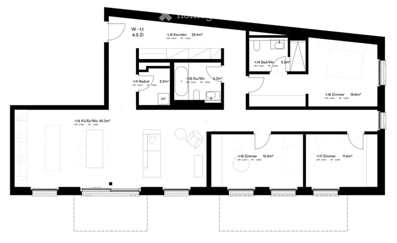 Floor plan of a basement level showing multiple rooms including a kitchen/essenszimmer, bedrooms, bathrooms, and a corridor.