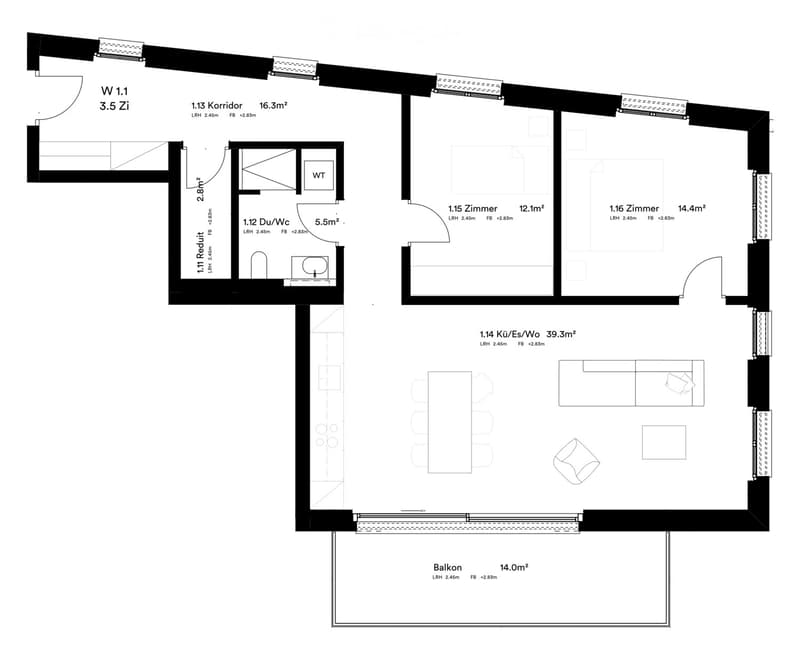 Floor plan showing a 3.5-room apartment with a corridor, living room, kitchen, two bedrooms, bathroom, and balcony.