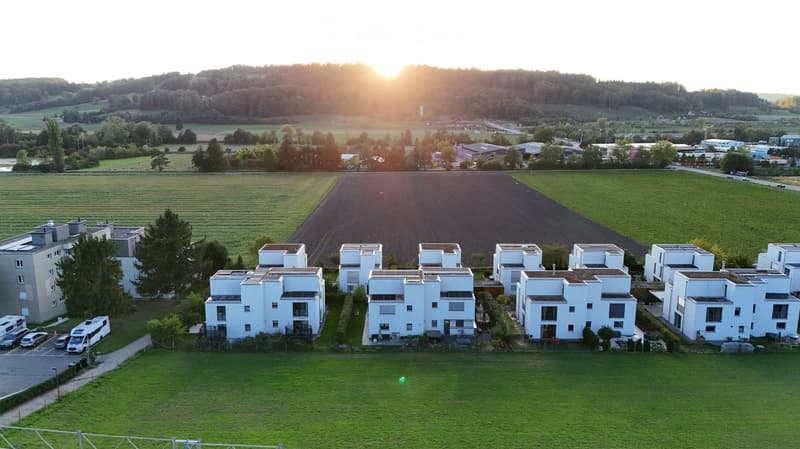 Aerial view of a residential complex with multiple modern white houses, surrounded by green fields and trees, with a road and parked vehicles visible.