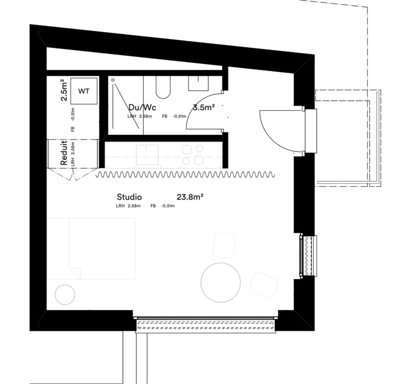 Floor plan of a studio apartment with a separate bathroom and a small kitchenette area. The studio is 23.8 square meters, and the bathroom is 3.5 square meters.