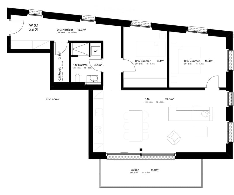 Floor plan showing a kitchen, living room, 3 bedrooms, 2 bathrooms, and a balcony.