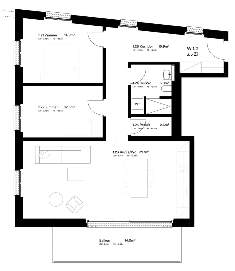 Floor plan showing a layout with two bedrooms, a kitchen, a bathroom, a hallway, a balcony, and a small storage area.