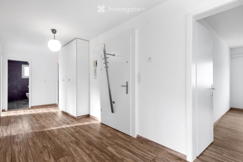 Bright, modern hallway with white walls, wooden flooring, and a built-in white cabinet. A coat rack is mounted on the wall, and a round ceiling light hangs above. The hallway leads to a bathroom with dark tiles visible in the background.