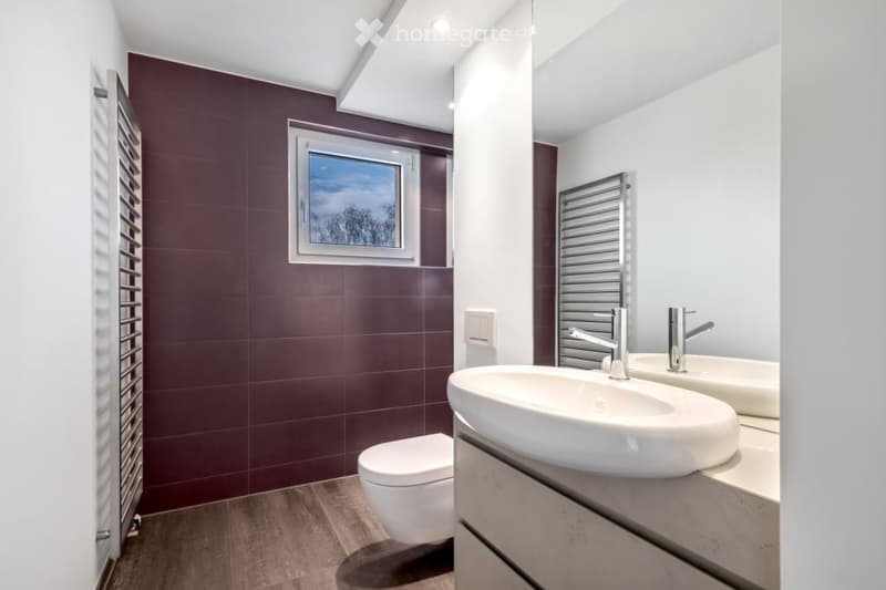 Modern bathroom with a dark red tiled wall, a window, a double sink with chrome faucets, a toilet, and a radiator.