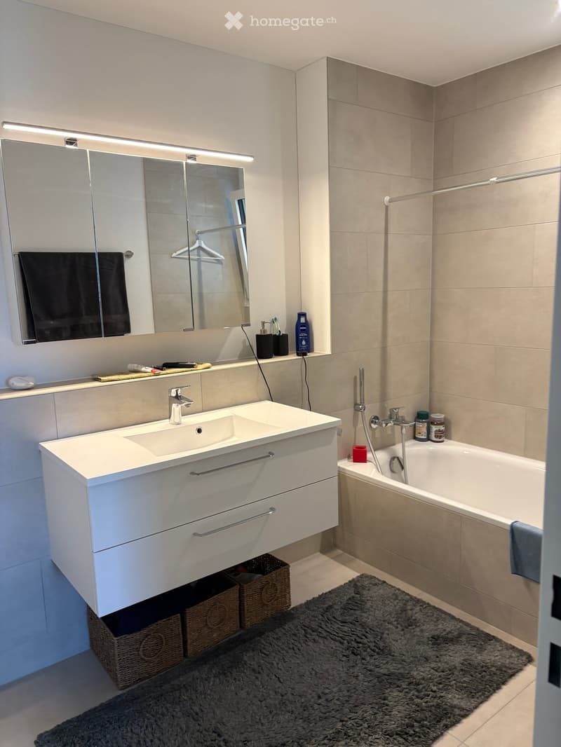 Modern bathroom with a white sink cabinet, mirror, bathtub, and wicker baskets under the sink. The space features a gray shaggy rug and a towel hanging on the side.