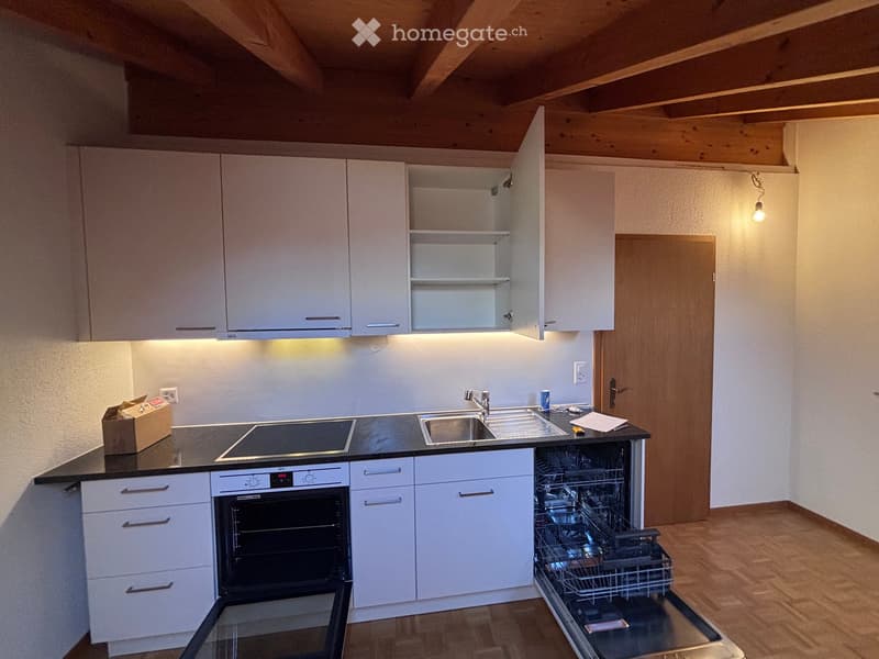 Modern kitchen with white cabinets, stainless steel sink, oven, dishwasher, and wooden flooring.