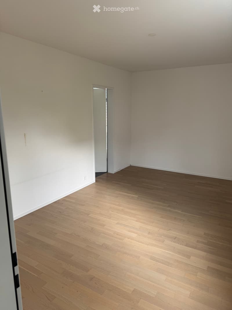 Empty room with light wooden flooring and white walls, featuring a single door with a glass panel.