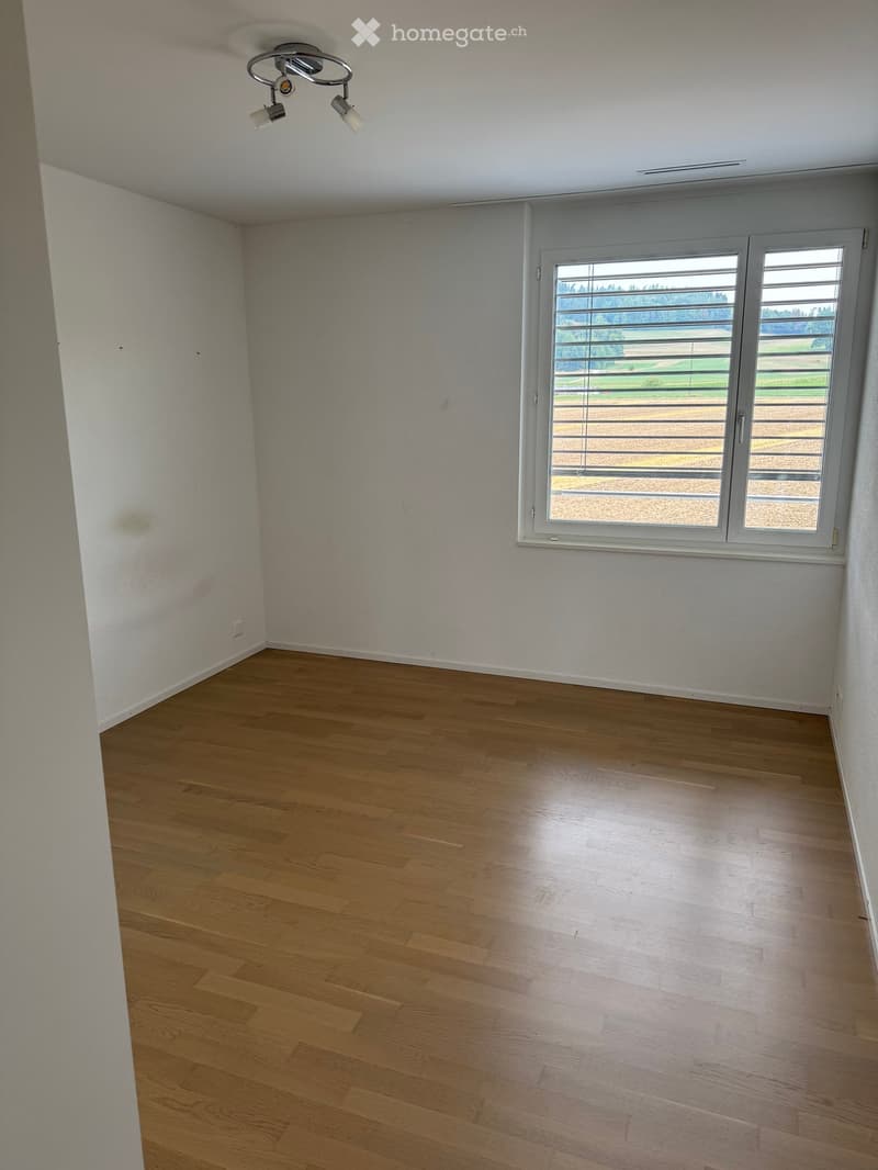 Empty room with wooden flooring, white walls, and a large window with blinds overlooking a rural landscape.