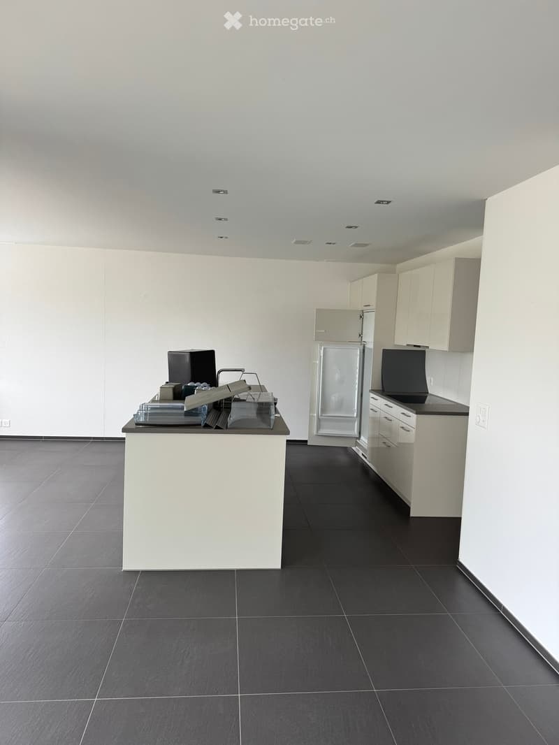 Modern kitchen with white cabinets, black tiled floor, and stainless steel appliances. Features a central island with a sink and faucet, and a refrigerator in the background.